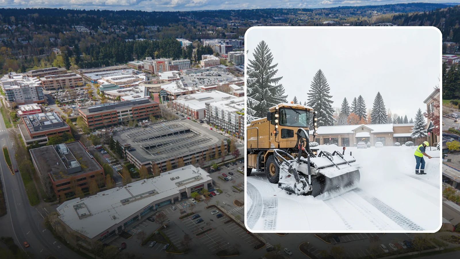 Shopping Center Snow Plowing in Redmond, King County, WA - We plow large shopping center lots and storefronts before open so every tenant's customers reach the doors.