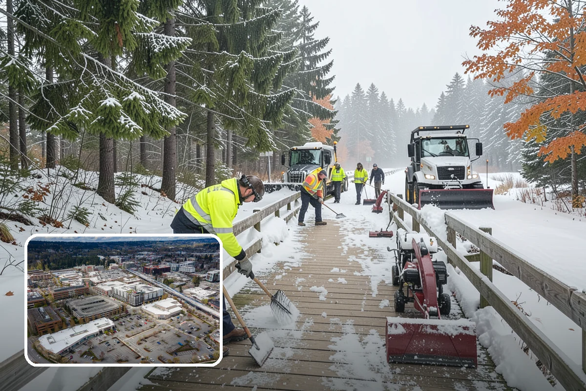 Shopping Center Snow Plowing in Redmond, King County, WA - Large shared lot cleared for every tenant before open