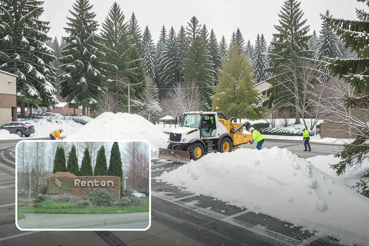 Shopping Center Snow Plowing in Renton, King County, WA - Large shared lot cleared for every tenant before open