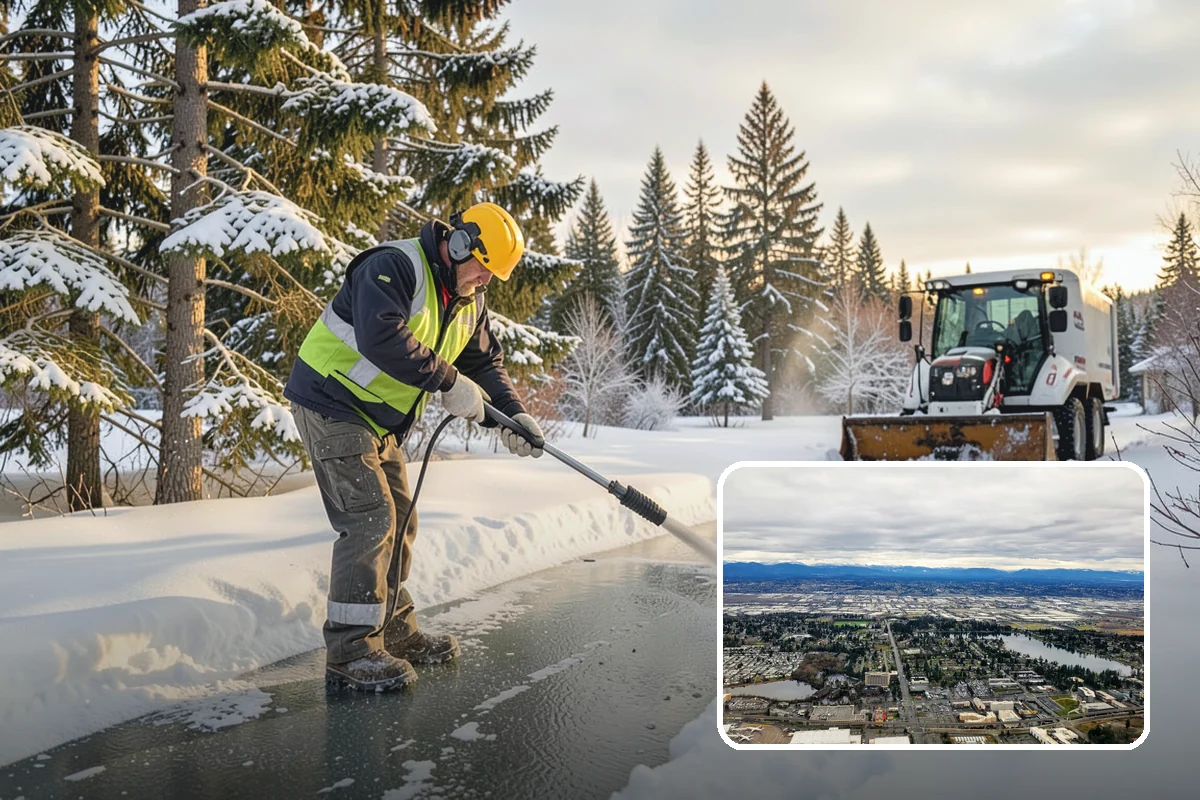Shopping Center Snow Plowing in SeaTac, King County, WA - Large shared lot cleared for every tenant before open