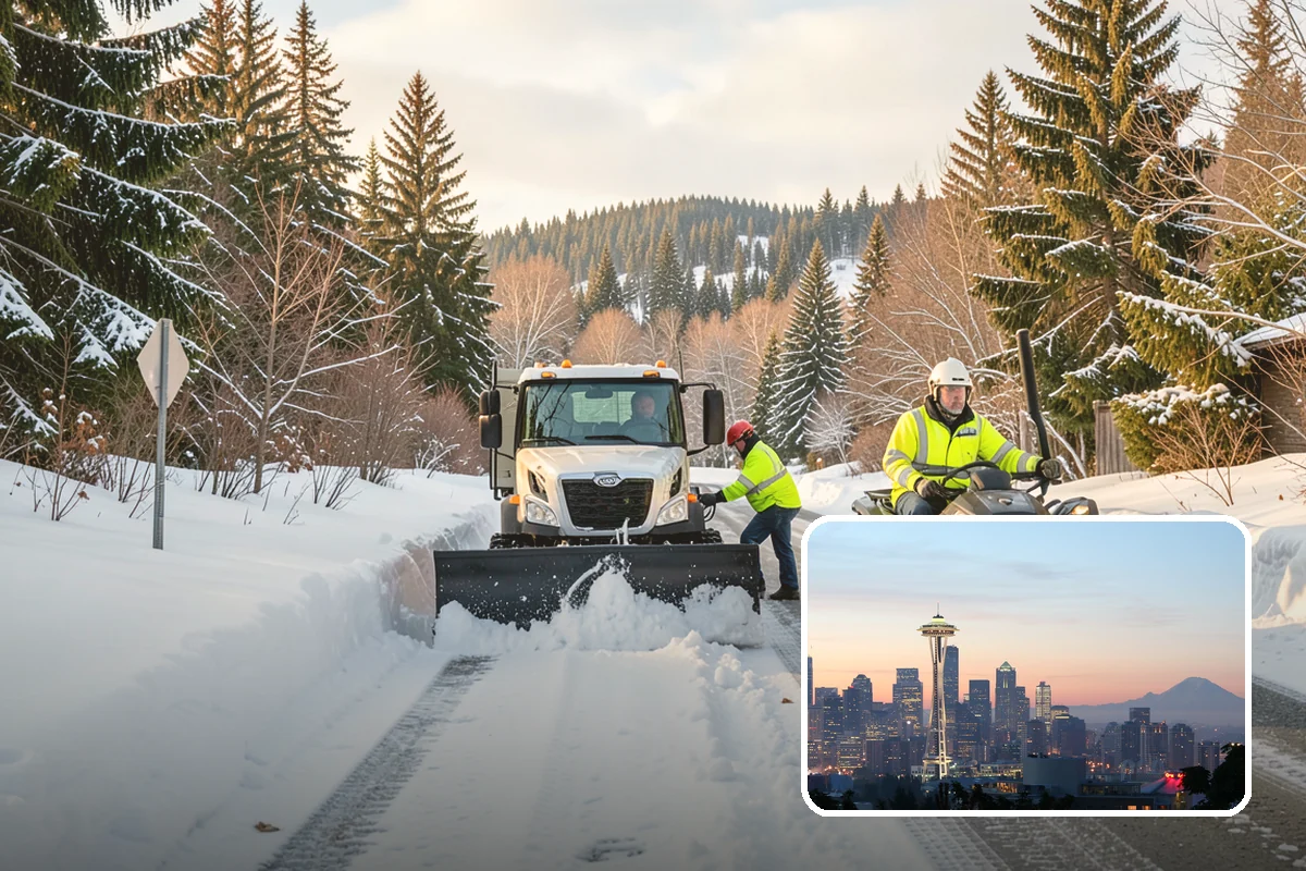 Shopping Center Snow Plowing in Seattle, King County, WA - Large shared lot cleared for every tenant before open