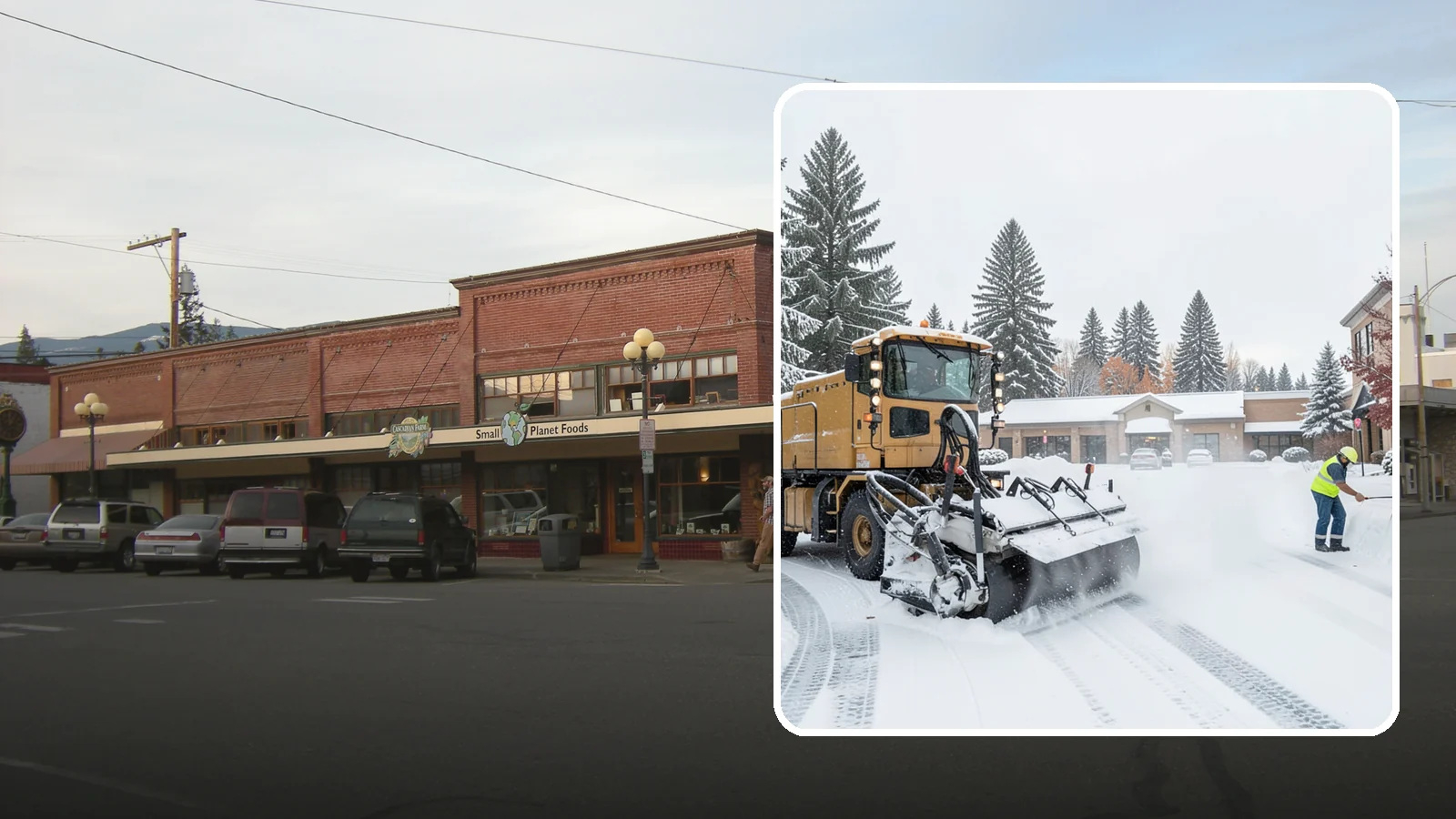 Shopping Center Snow Plowing in Sedro-Woolley, Skagit County, WA - We plow large shopping center lots and storefronts before open so every tenant's customers reach the doors.
