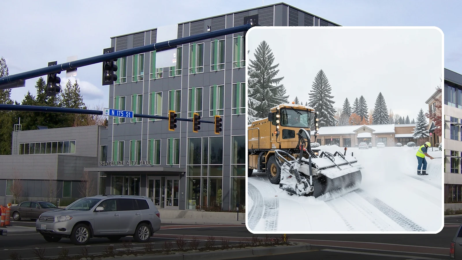 Shopping Center Snow Plowing in Shoreline, King County, WA - We plow large shopping center lots and storefronts before open so every tenant's customers reach the doors.
