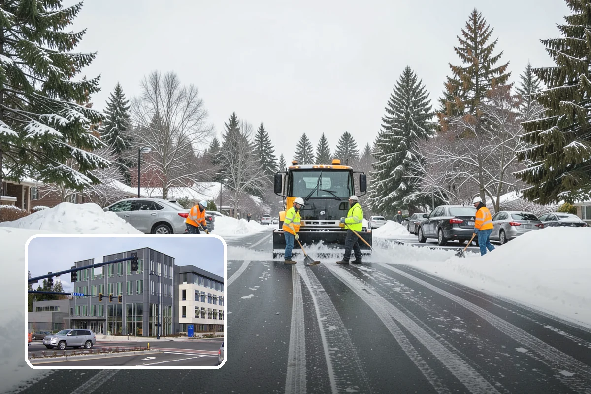 Shopping Center Snow Plowing in Shoreline, King County, WA - Large shared lot cleared for every tenant before open