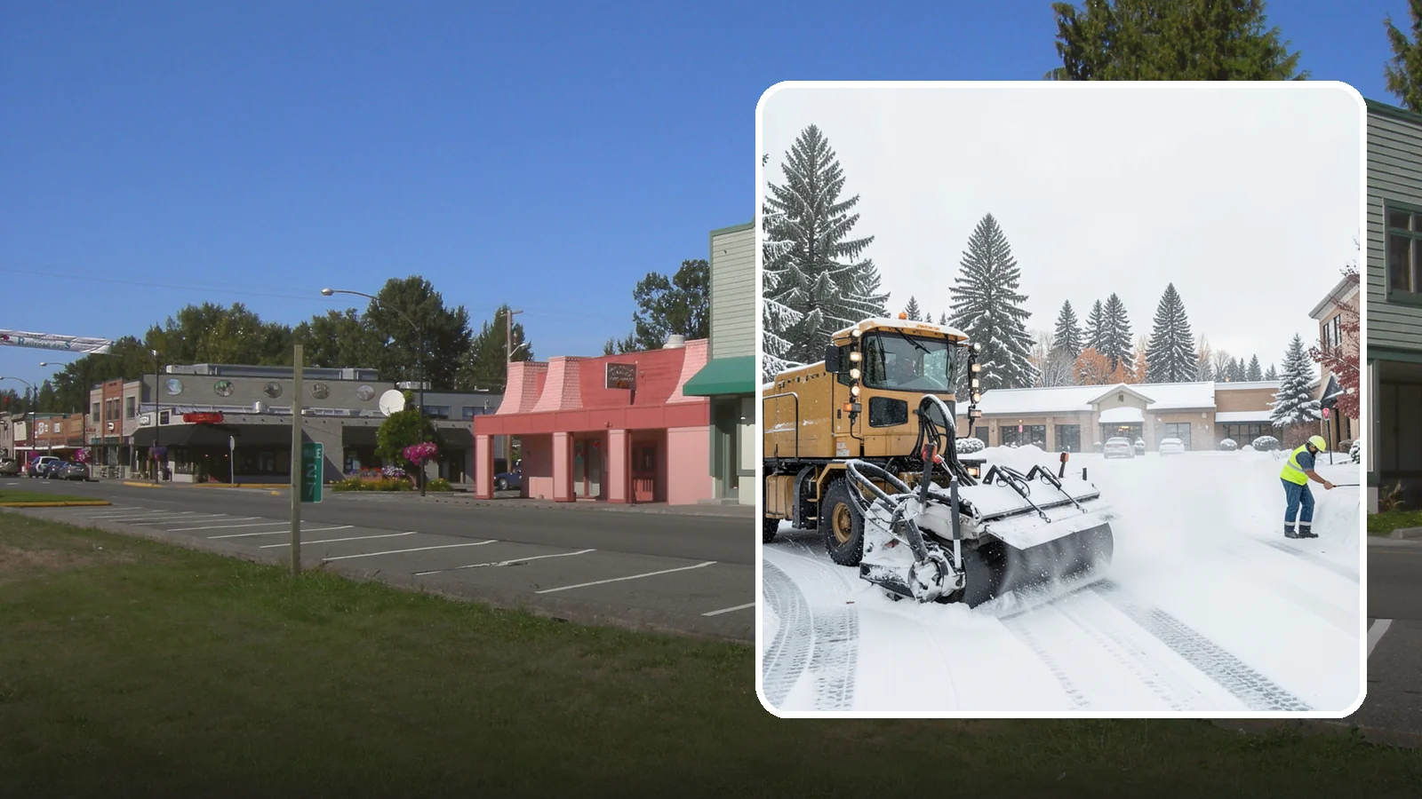 Shopping Center Snow Plowing in Snoqualmie, King County, WA - We plow large shopping center lots and storefronts before open so every tenant's customers reach the doors.