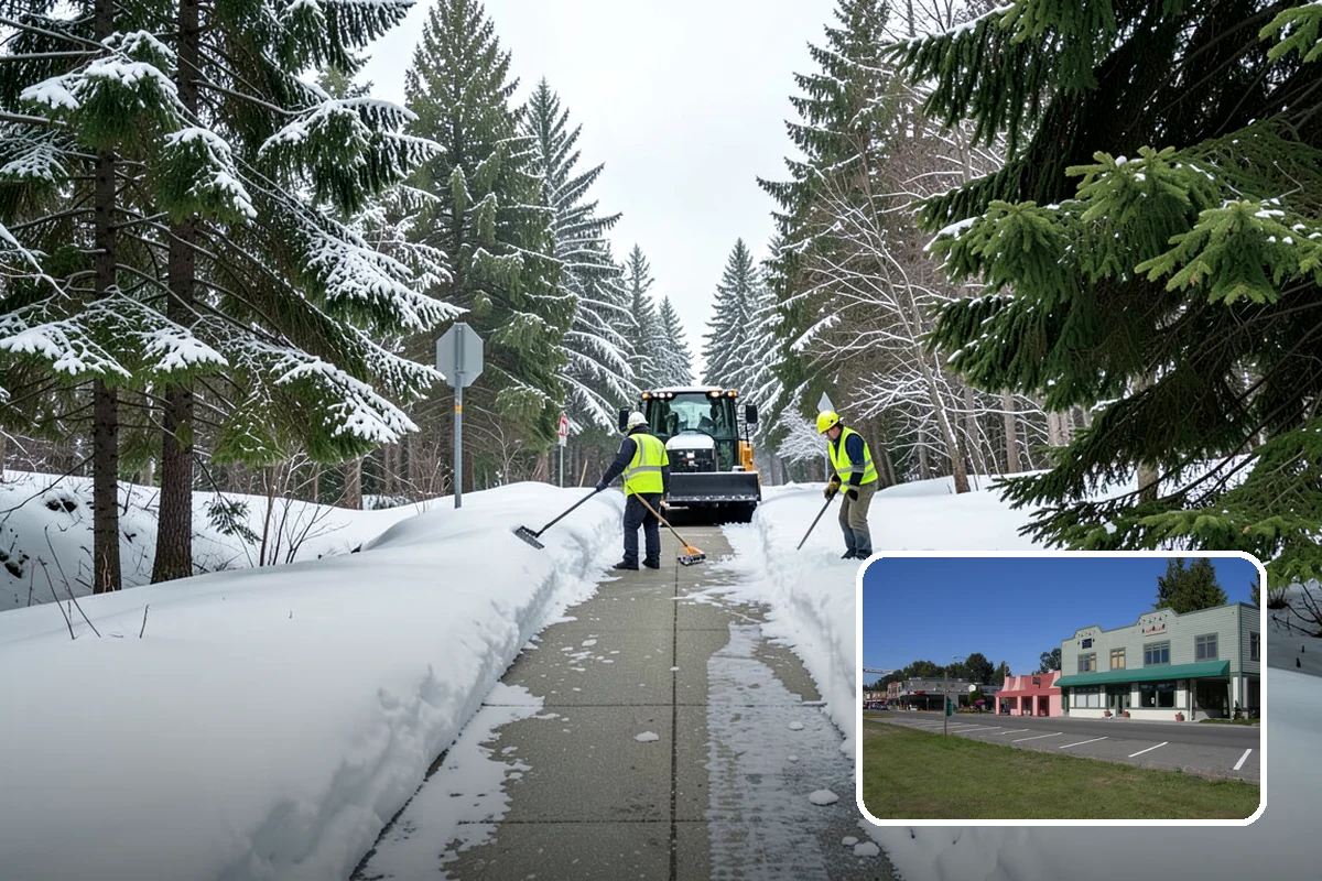 Shopping Center Snow Plowing in Snoqualmie, King County, WA - Large shared lot cleared for every tenant before open