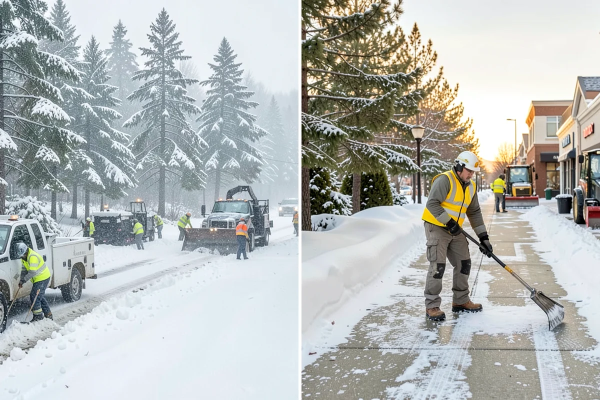 Shopping Center Snow Plowing in Snoqualmie, King County, WA - Map the lot, storefront aprons, and snow-storage islands with center management