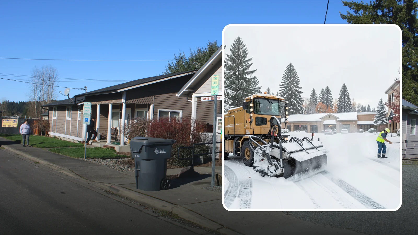 Shopping Center Snow Plowing in South Prairie, Pierce County, WA - We plow large shopping center lots and storefronts before open so every tenant's customers reach the doors.