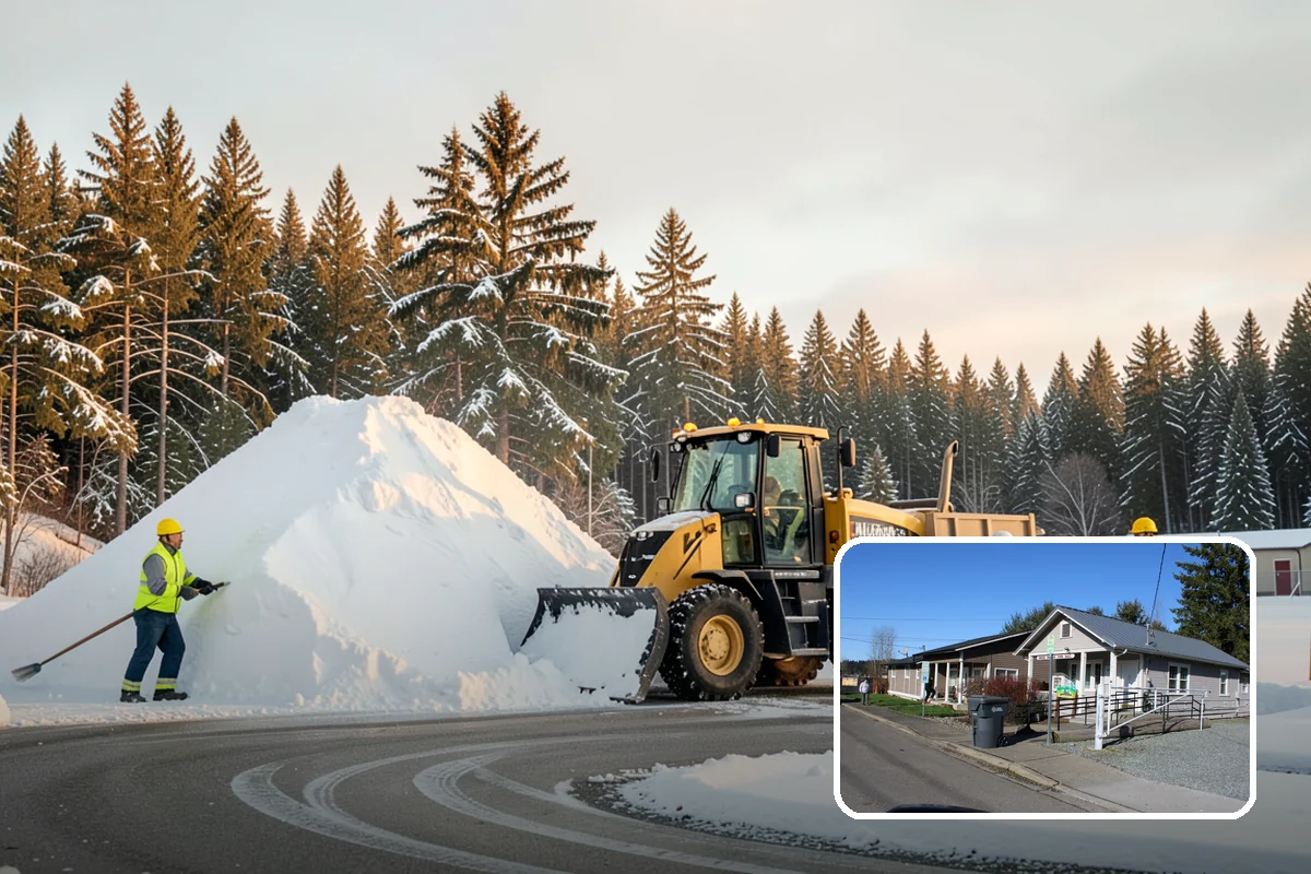Shopping Center Snow Plowing in South Prairie, Pierce County, WA - Large shared lot cleared for every tenant before open