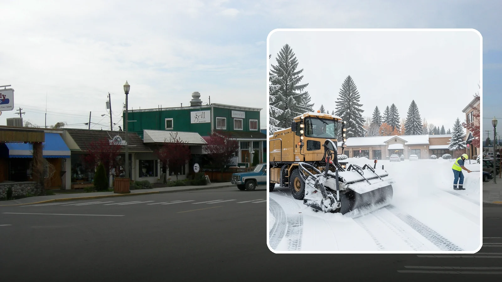 Shopping Center Snow Plowing in Stanwood, Snohomish County, WA - We plow large shopping center lots and storefronts before open so every tenant's customers reach the doors.