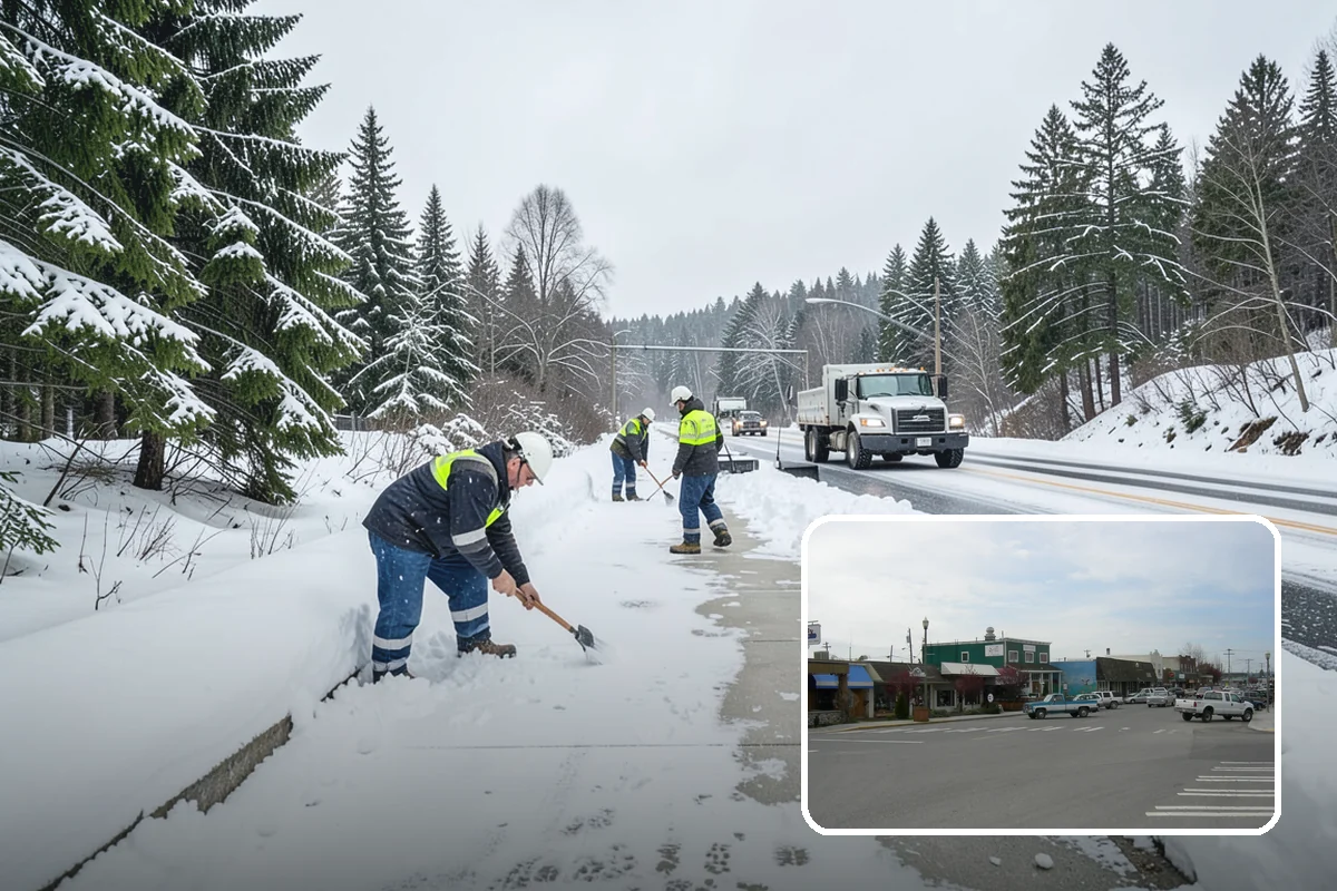 Shopping Center Snow Plowing in Stanwood, Snohomish County, WA - Large shared lot cleared for every tenant before open