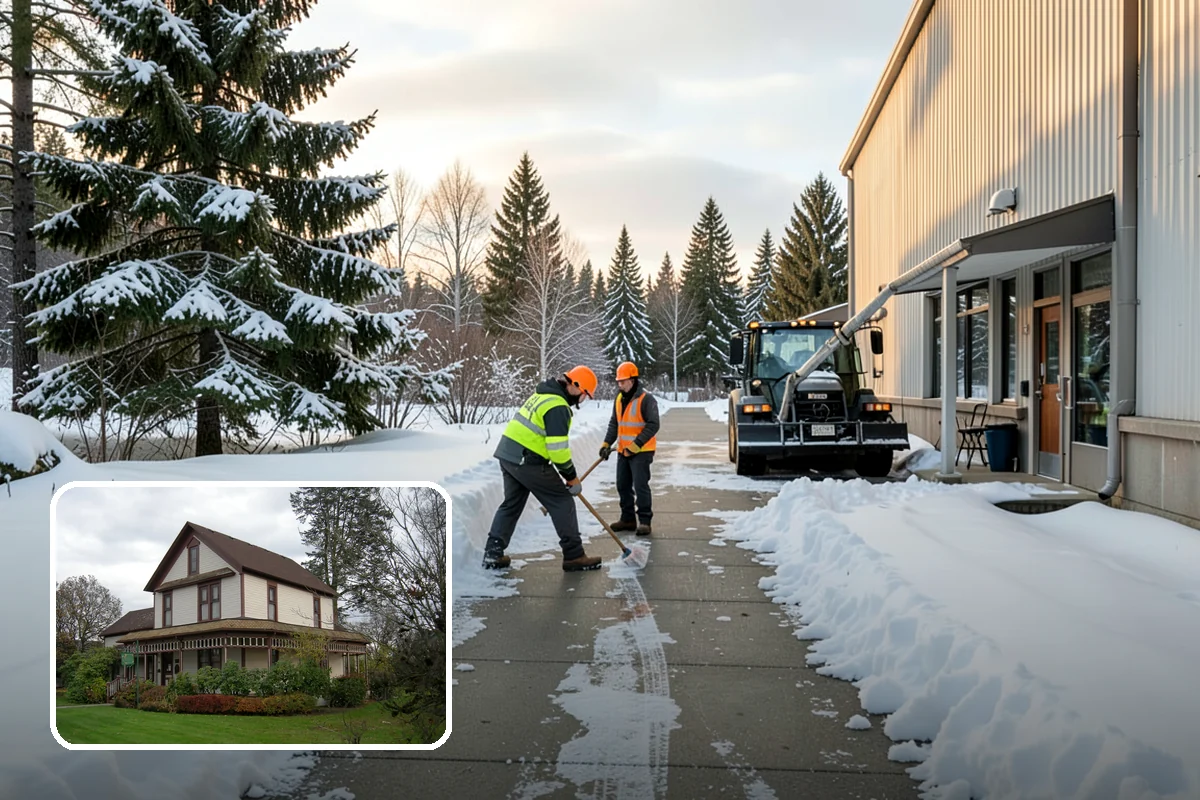 Shopping Center Snow Plowing in Sumner, Pierce County, WA - Large shared lot cleared for every tenant before open