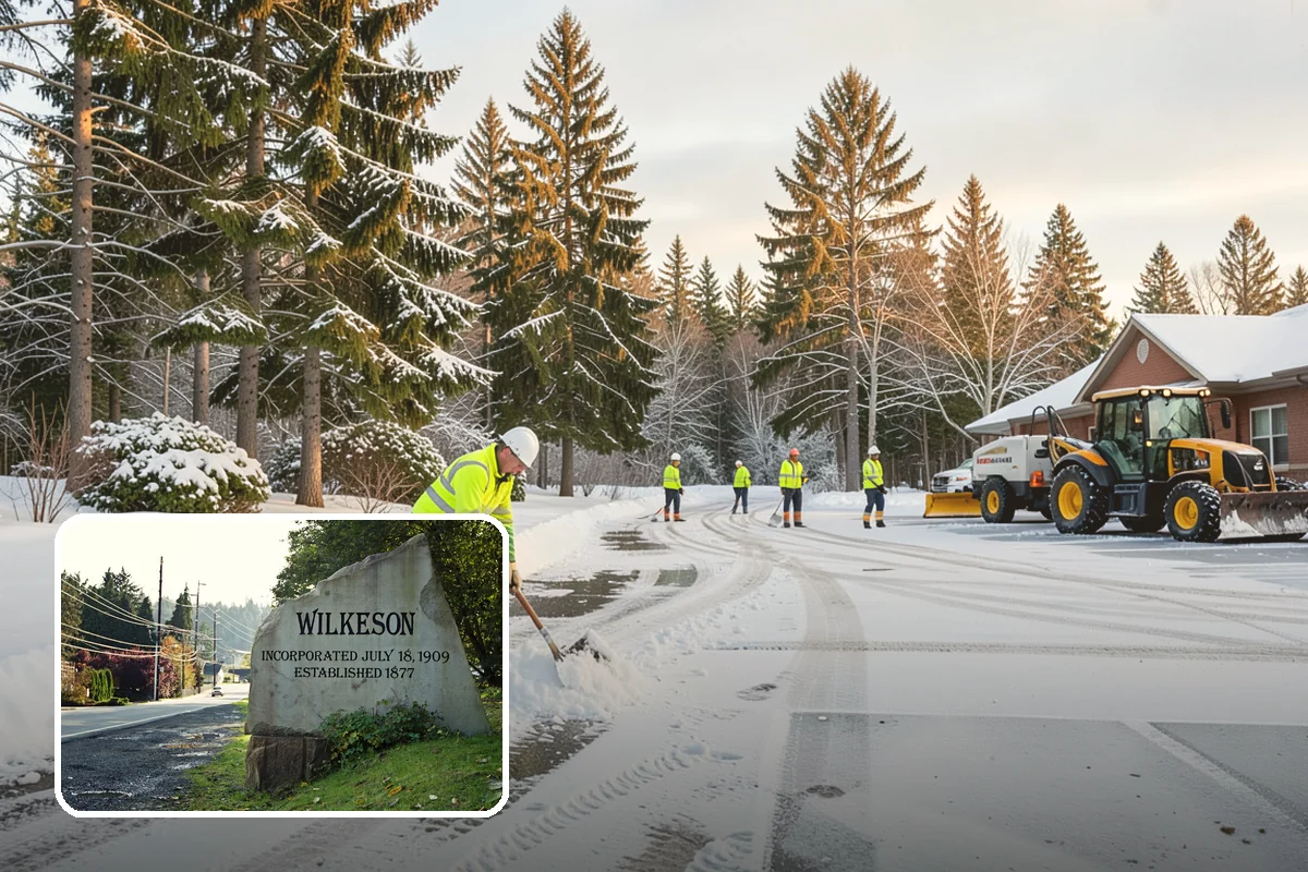 Shopping Center Snow Plowing in Wilkeson, Pierce County, WA - Large shared lot cleared for every tenant before open