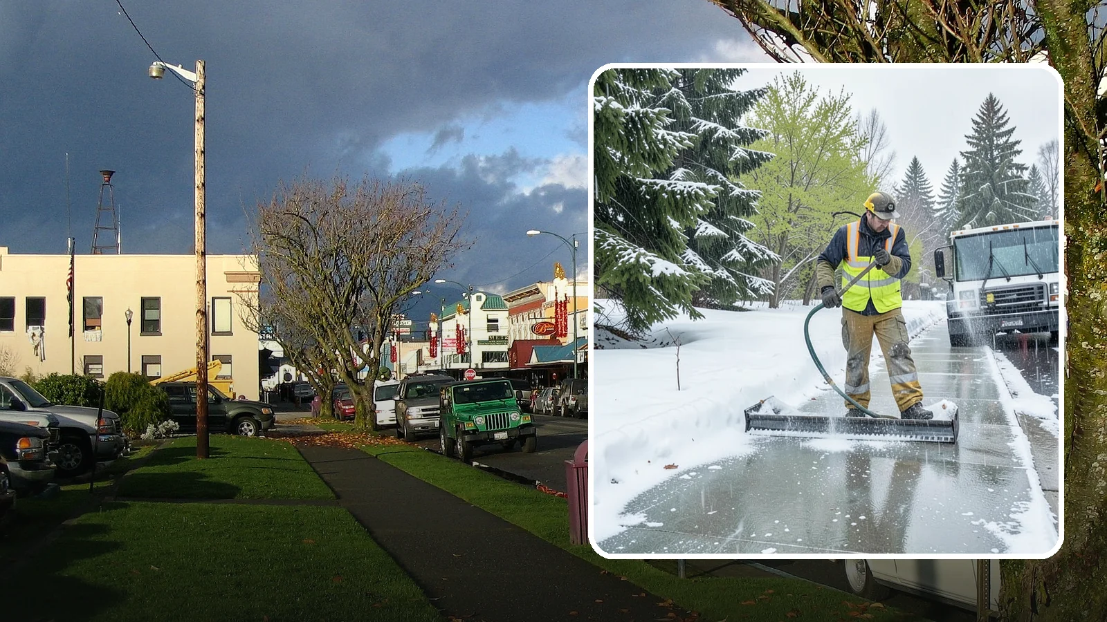 Sidewalk Deicing in Arlington, Snohomish County, WA - We deice sidewalks to stop the glare ice that forms when Western Washington freezing rain meets cold pavement.