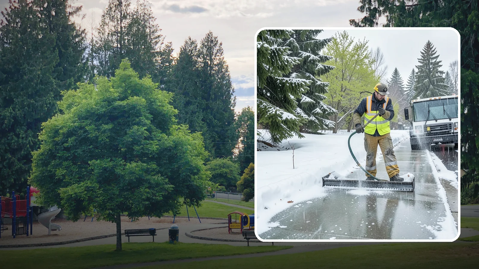 Sidewalk Deicing in Bonney Lake, Pierce County, WA - We deice sidewalks to stop the glare ice that forms when Western Washington freezing rain meets cold pavement.