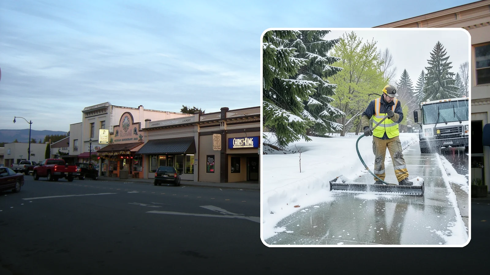 Sidewalk Deicing in Burlington, Skagit County, WA - We deice sidewalks to stop the glare ice that forms when Western Washington freezing rain meets cold pavement.