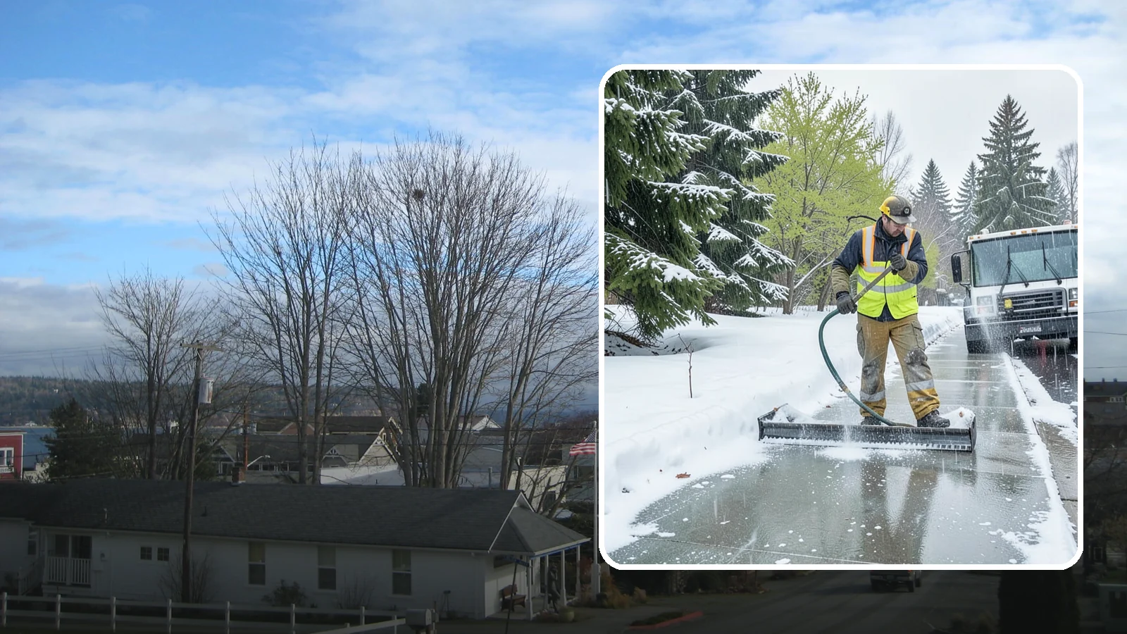 Sidewalk Deicing in Langley, Island County, WA - We deice sidewalks to stop the glare ice that forms when Western Washington freezing rain meets cold pavement.