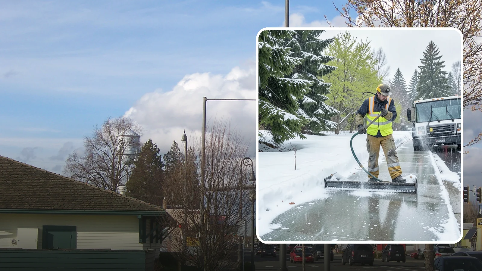 Sidewalk Deicing in Marysville, Snohomish County, WA - We deice sidewalks to stop the glare ice that forms when Western Washington freezing rain meets cold pavement.