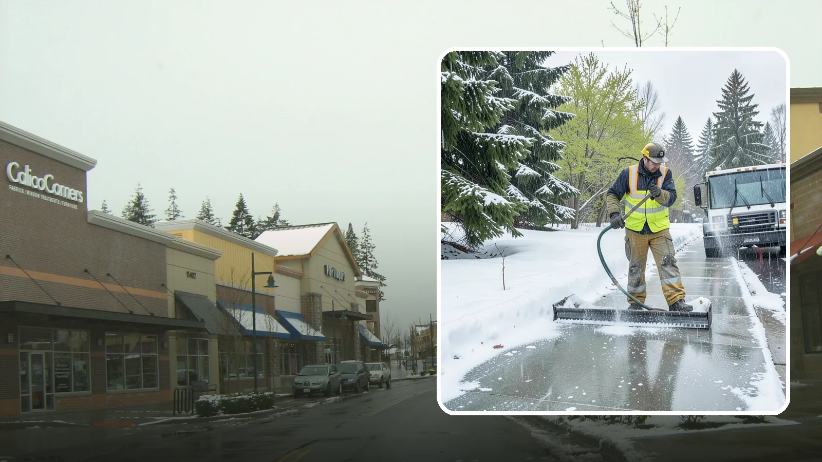 Sidewalk Deicing in Mill Creek, Snohomish County, WA - We deice sidewalks to stop the glare ice that forms when Western Washington freezing rain meets cold pavement.