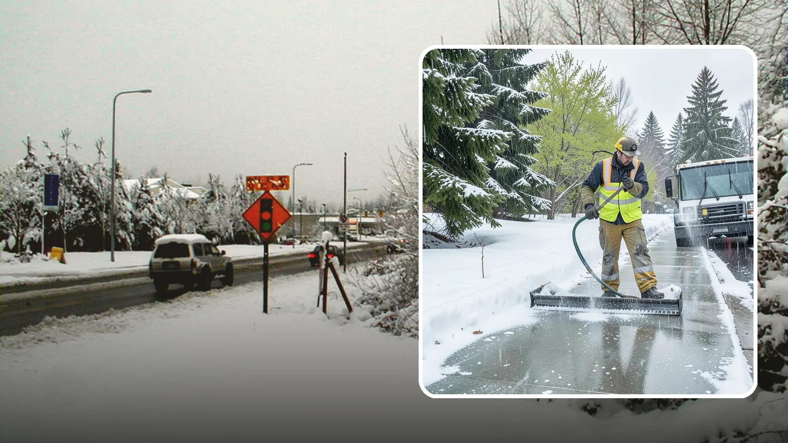 Sidewalk Deicing in Newcastle, King County, WA - We deice sidewalks to stop the glare ice that forms when Western Washington freezing rain meets cold pavement.