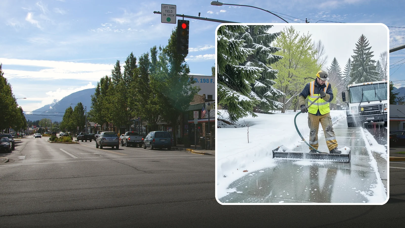 Sidewalk Deicing in North Bend, King County, WA - We deice sidewalks to stop the glare ice that forms when Western Washington freezing rain meets cold pavement.