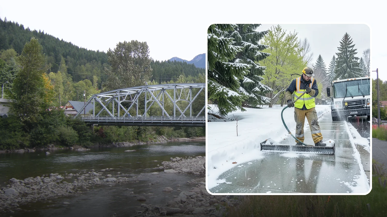 Sidewalk Deicing in Skykomish, King County, WA - We deice sidewalks to stop the glare ice that forms when Western Washington freezing rain meets cold pavement.