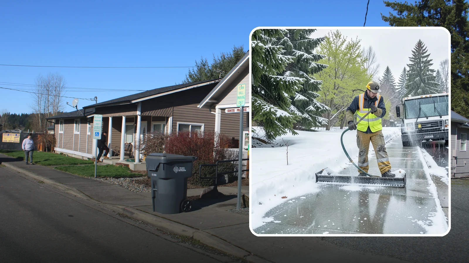 Sidewalk Deicing in South Prairie, Pierce County, WA - We deice sidewalks to stop the glare ice that forms when Western Washington freezing rain meets cold pavement.