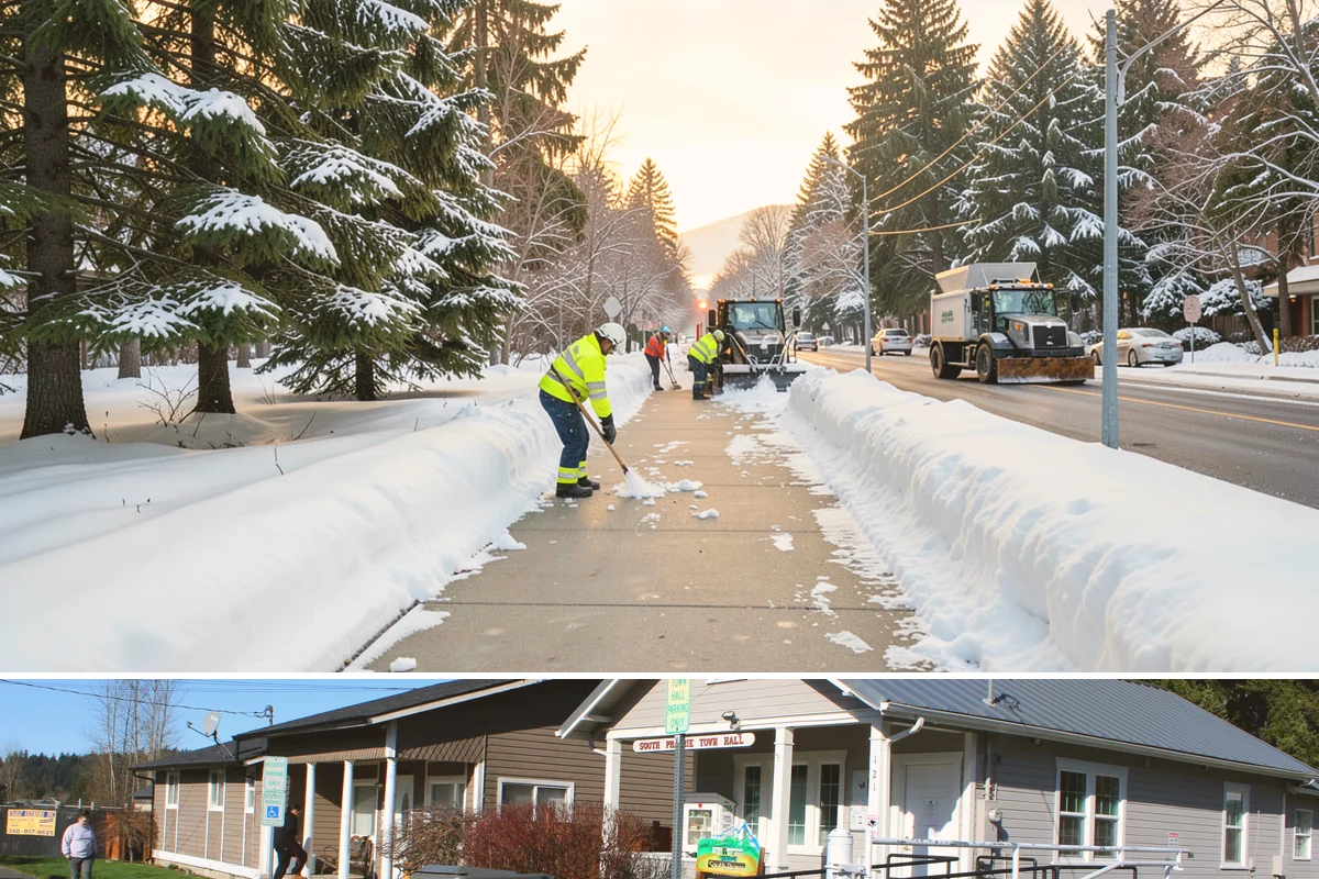 Sidewalk Deicing in South Prairie, Pierce County, WA - Sidewalk deicing is busiest during freezing-rain events from December through February.