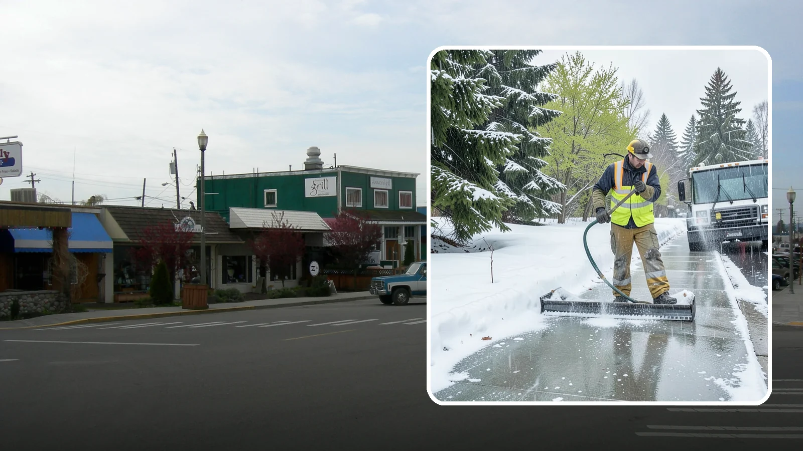 Sidewalk Deicing in Stanwood, Snohomish County, WA - We deice sidewalks to stop the glare ice that forms when Western Washington freezing rain meets cold pavement.