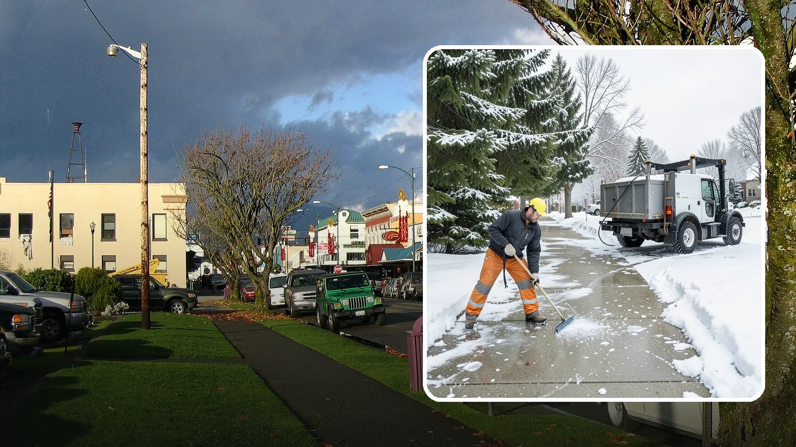 Sidewalk Ice Removal in Arlington, Snohomish County, WA - We remove bonded sidewalk ice left by thaw-and-refreeze cycles so walks are truly safe.