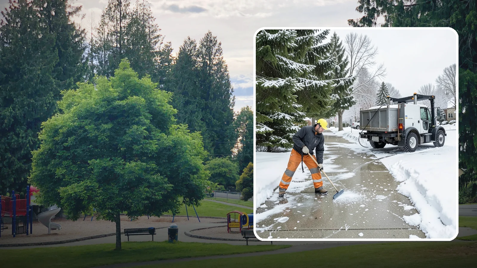 Sidewalk Ice Removal in Bonney Lake, Pierce County, WA - We remove bonded sidewalk ice left by thaw-and-refreeze cycles so walks are truly safe.