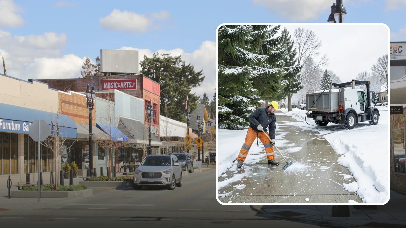 Sidewalk Ice Removal in Bothell, King County, WA - We remove bonded sidewalk ice left by thaw-and-refreeze cycles so walks are truly safe.
