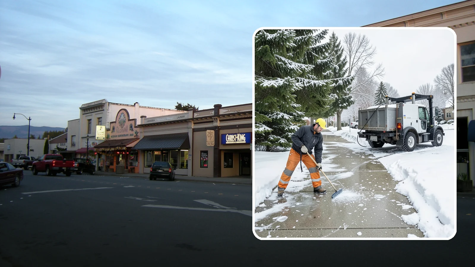 Sidewalk Ice Removal in Burlington, Skagit County, WA - We remove bonded sidewalk ice left by thaw-and-refreeze cycles so walks are truly safe.