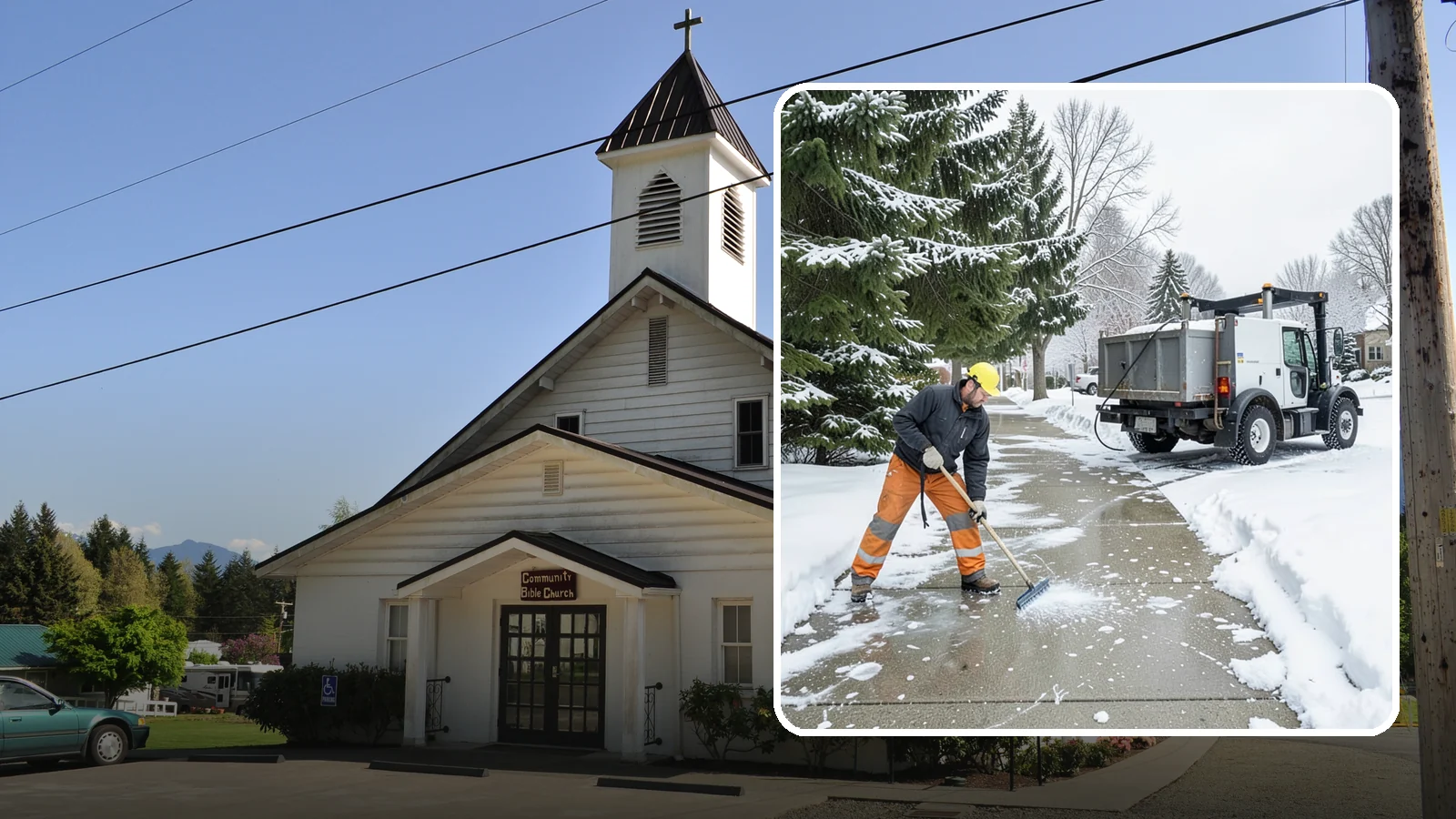 Sidewalk Ice Removal in Concrete, Skagit County, WA - We remove bonded sidewalk ice left by thaw-and-refreeze cycles so walks are truly safe.