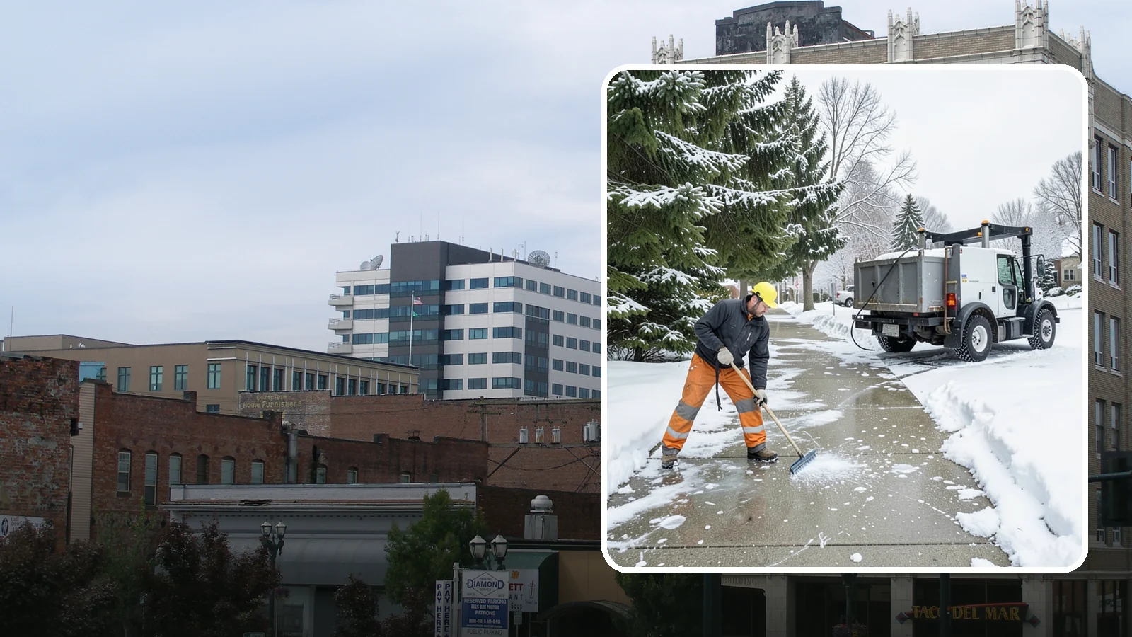 Sidewalk Ice Removal in Everett, Snohomish County, WA - We remove bonded sidewalk ice left by thaw-and-refreeze cycles so walks are truly safe.