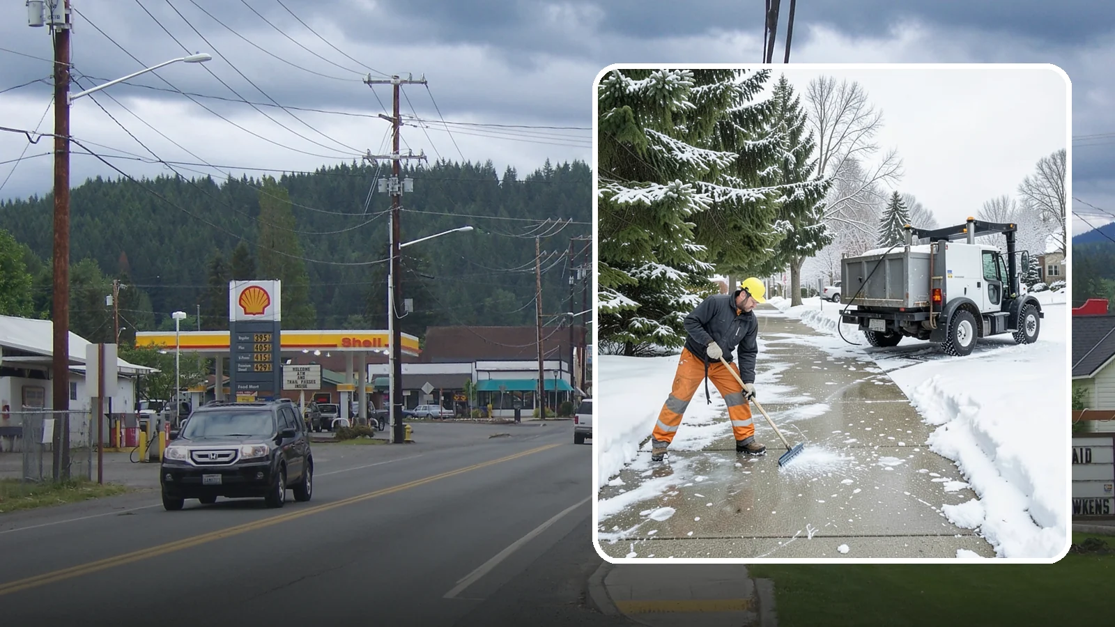 Sidewalk Ice Removal in Granite Falls, Snohomish County, WA - We remove bonded sidewalk ice left by thaw-and-refreeze cycles so walks are truly safe.