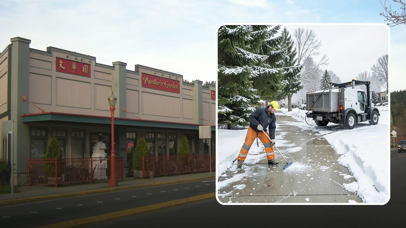 Sidewalk Ice Removal in Issaquah, King County, WA - We remove bonded sidewalk ice left by thaw-and-refreeze cycles so walks are truly safe.