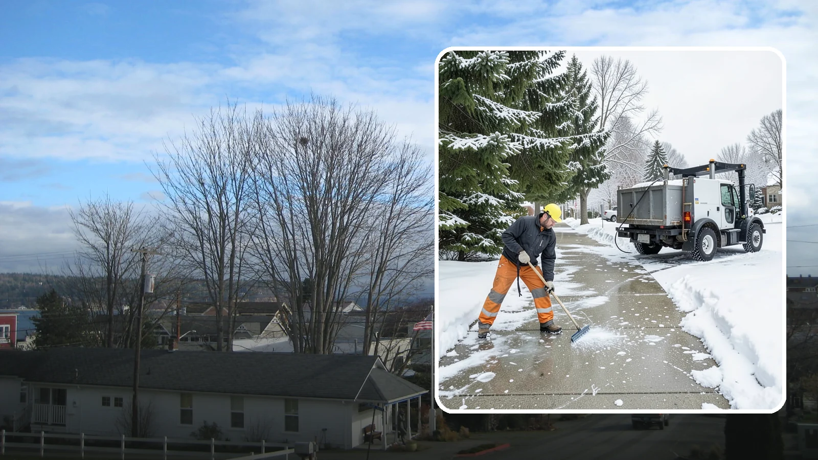 Sidewalk Ice Removal in Langley, Island County, WA - We remove bonded sidewalk ice left by thaw-and-refreeze cycles so walks are truly safe.