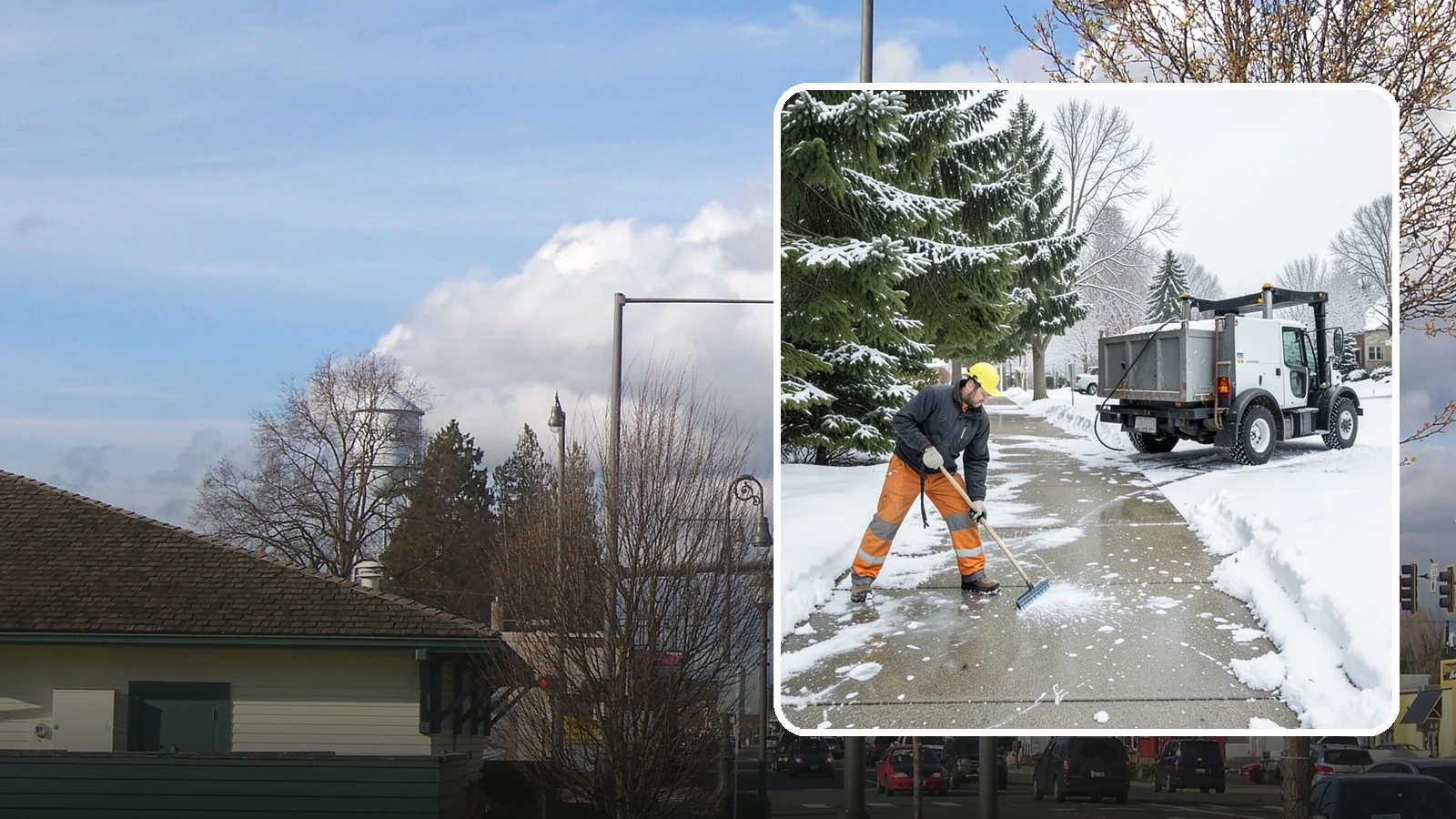 Sidewalk Ice Removal in Marysville, Snohomish County, WA - We remove bonded sidewalk ice left by thaw-and-refreeze cycles so walks are truly safe.