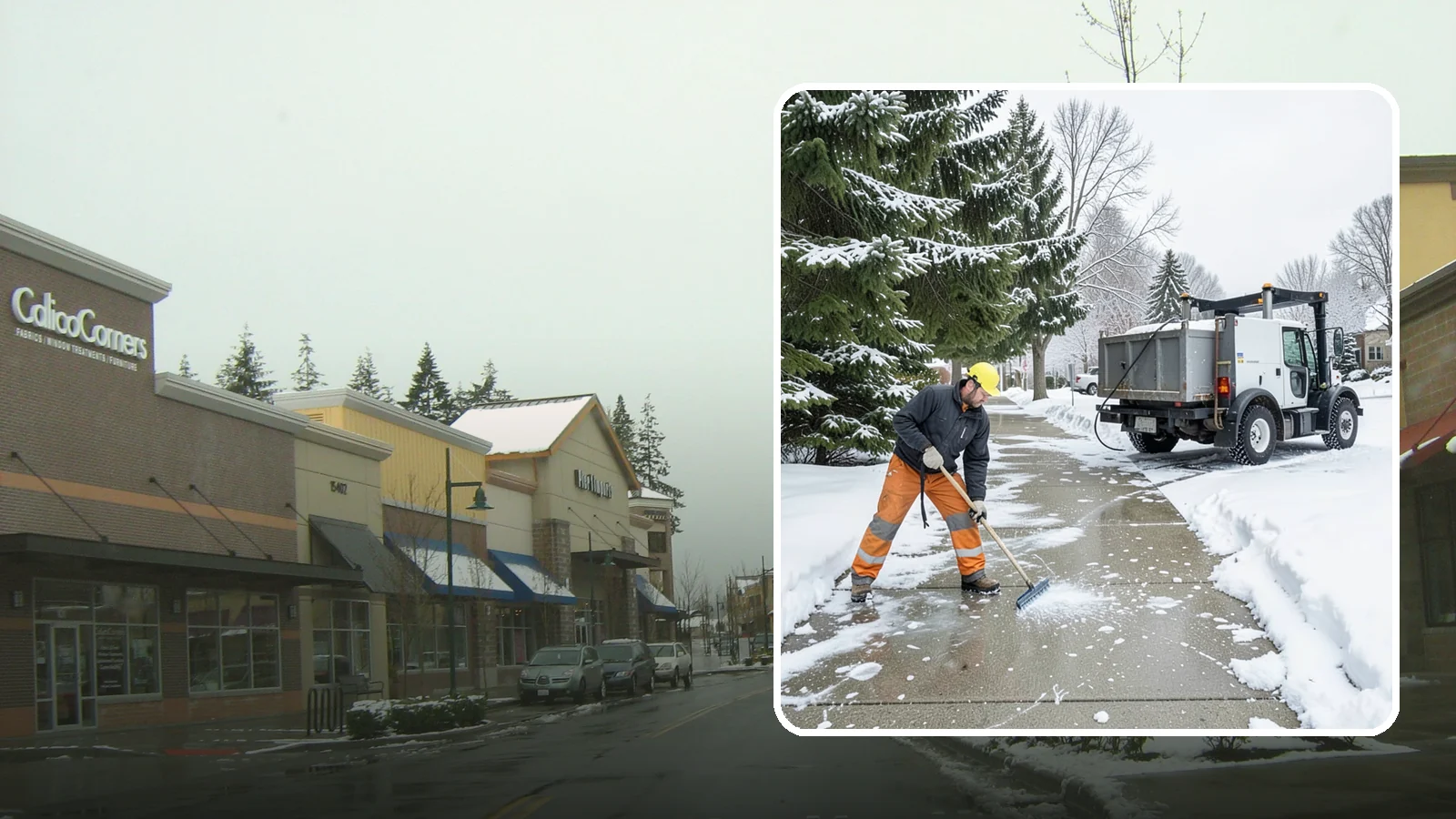 Sidewalk Ice Removal in Mill Creek, Snohomish County, WA - We remove bonded sidewalk ice left by thaw-and-refreeze cycles so walks are truly safe.