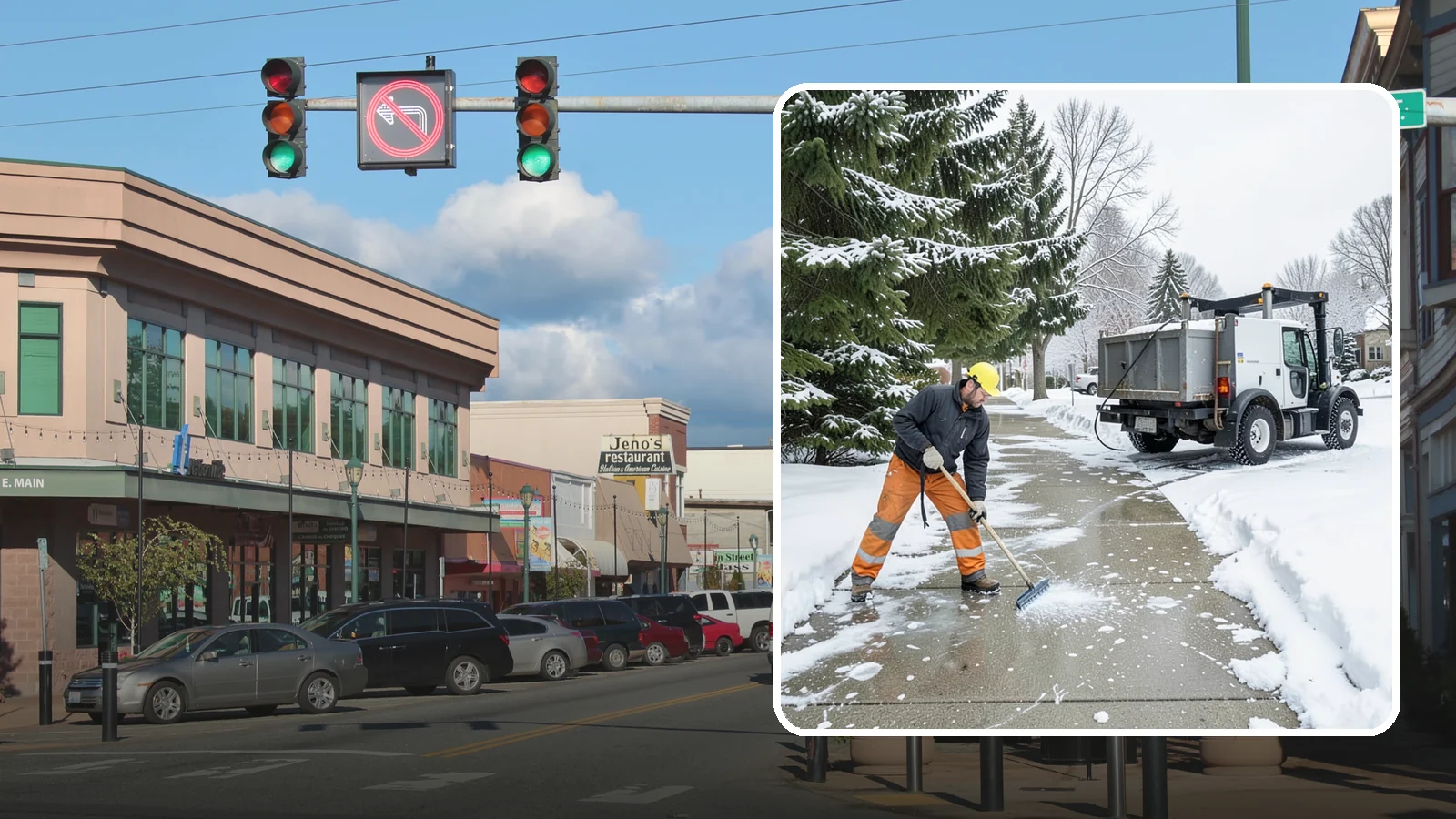 Sidewalk Ice Removal in Monroe, Snohomish County, WA - We remove bonded sidewalk ice left by thaw-and-refreeze cycles so walks are truly safe.