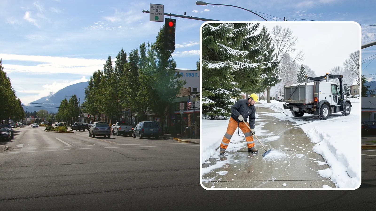 Sidewalk Ice Removal in North Bend, King County, WA - We remove bonded sidewalk ice left by thaw-and-refreeze cycles so walks are truly safe.
