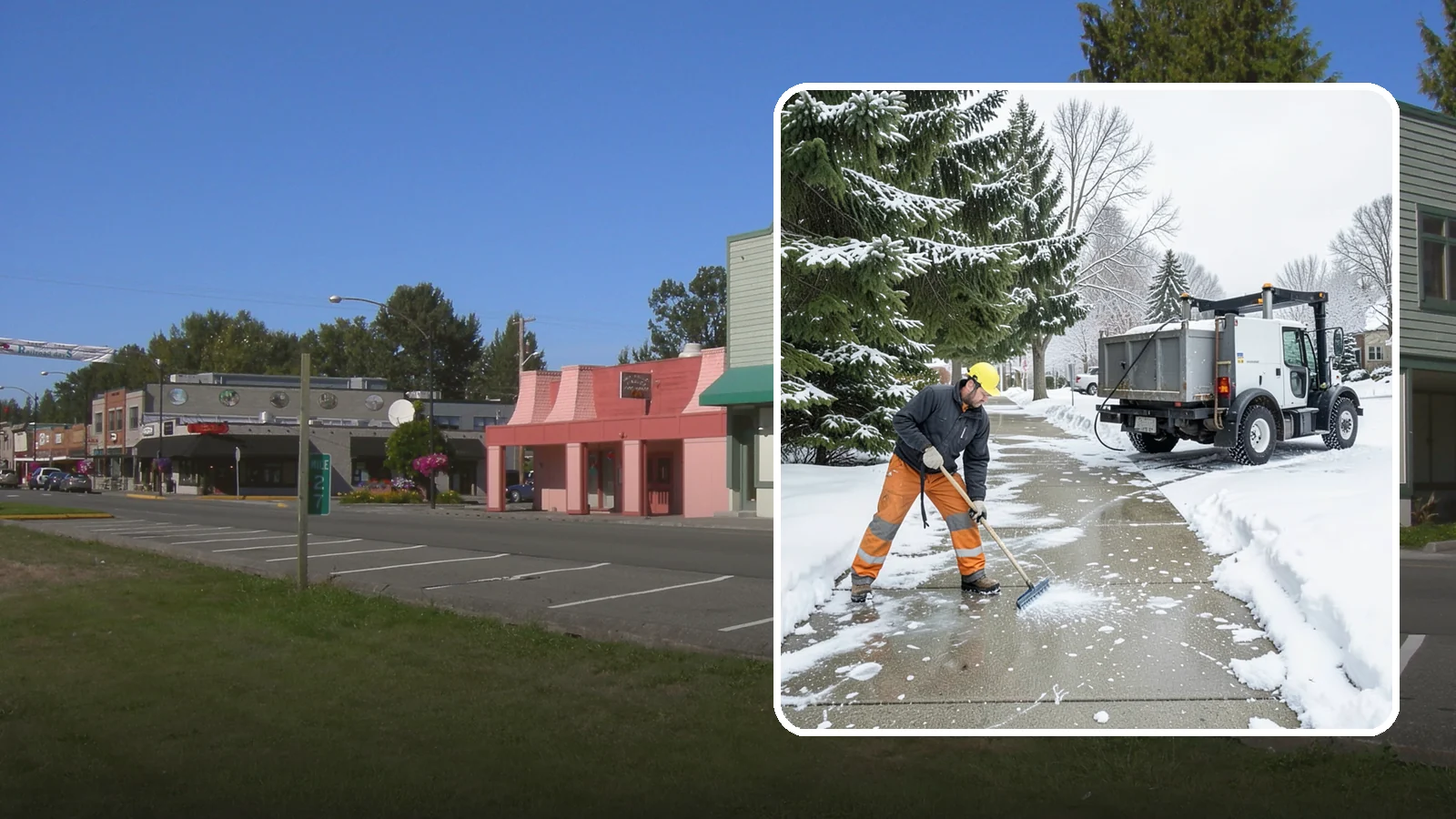 Sidewalk Ice Removal in Snoqualmie, King County, WA - We remove bonded sidewalk ice left by thaw-and-refreeze cycles so walks are truly safe.