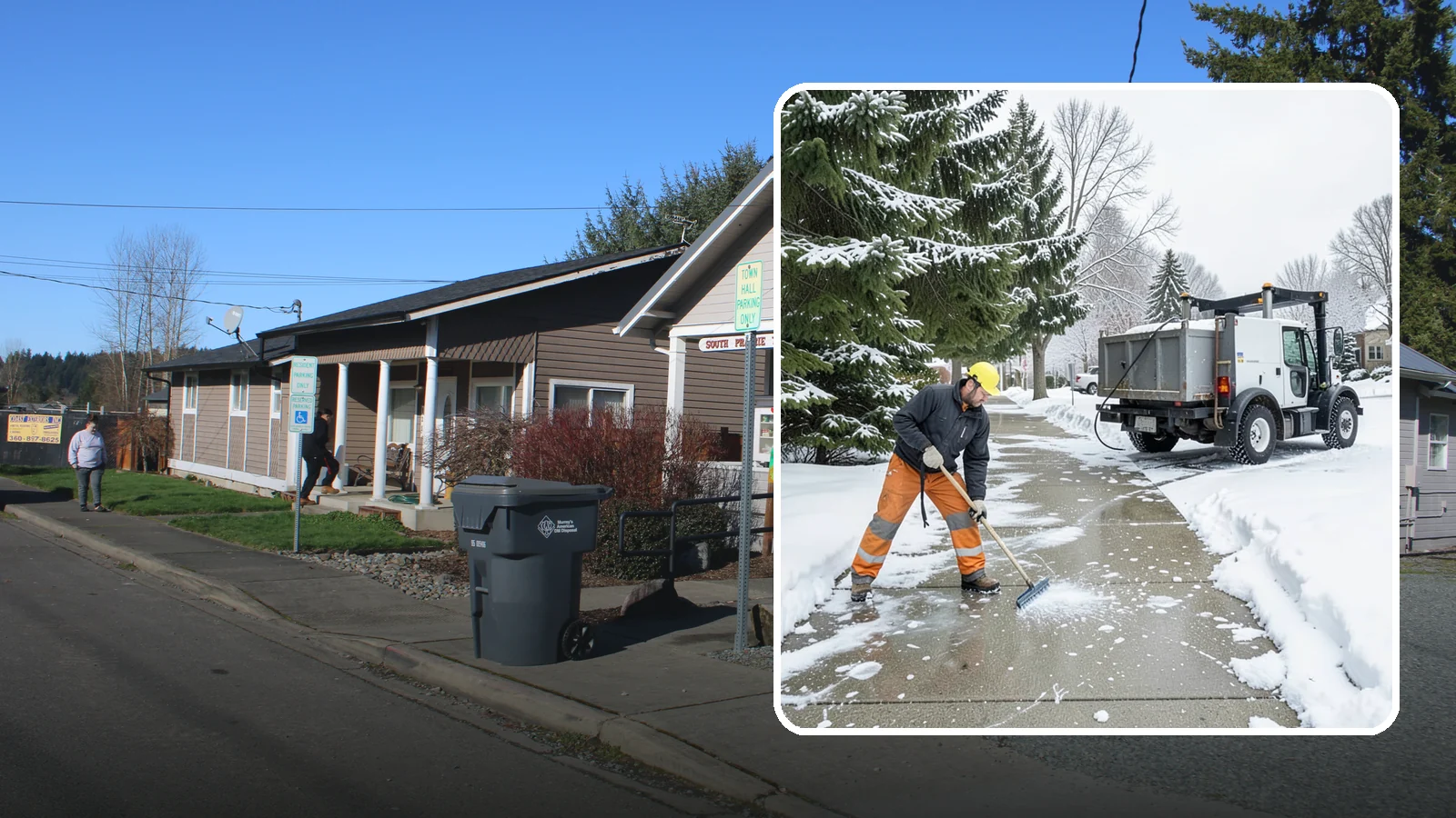 Sidewalk Ice Removal in South Prairie, Pierce County, WA - We remove bonded sidewalk ice left by thaw-and-refreeze cycles so walks are truly safe.