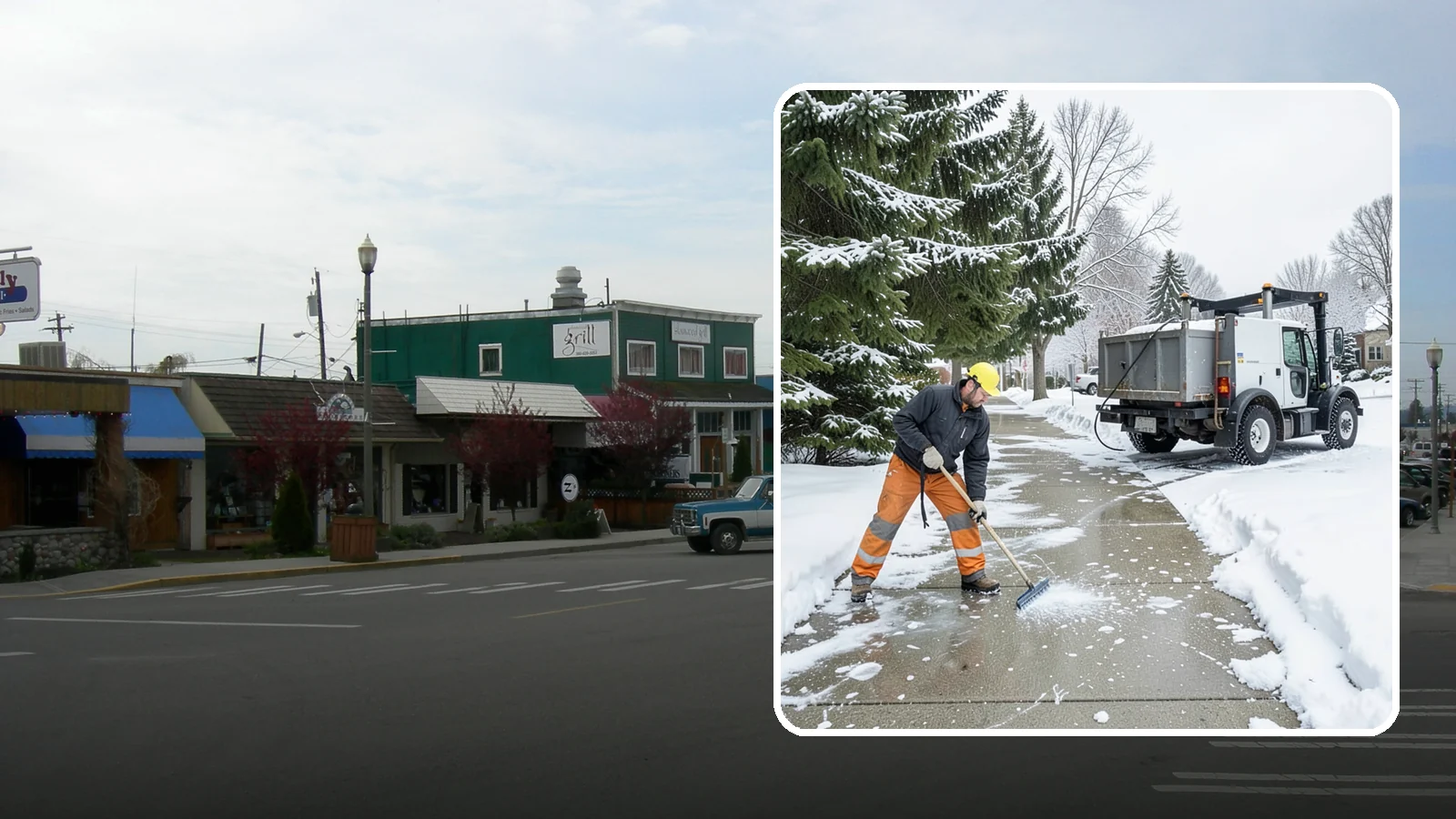 Sidewalk Ice Removal in Stanwood, Snohomish County, WA - We remove bonded sidewalk ice left by thaw-and-refreeze cycles so walks are truly safe.