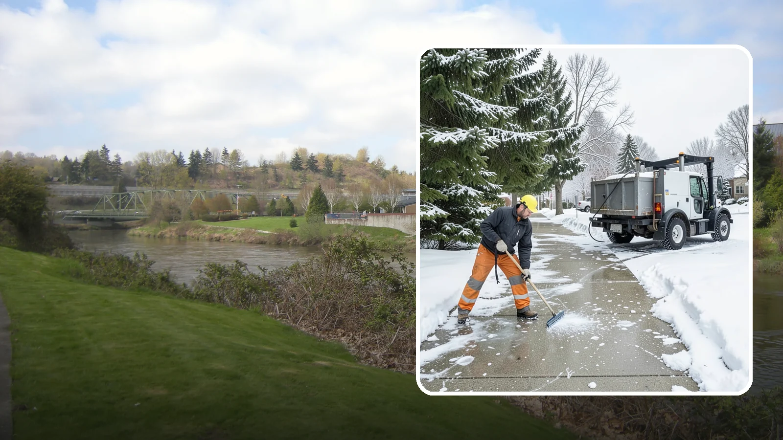 Sidewalk Ice Removal in Tukwila, King County, WA - We remove bonded sidewalk ice left by thaw-and-refreeze cycles so walks are truly safe.