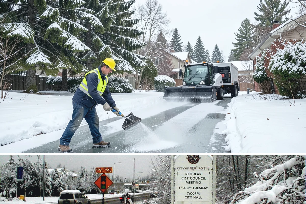 Sidewalk Salting in Newcastle, King County, WA - Sidewalk salting runs strongest through the midwinter freeze window.