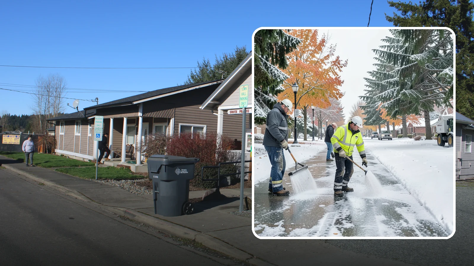 Sidewalk Salting in South Prairie, Pierce County, WA - We salt sidewalks to melt ice and maintain safe footing through typical Western Washington cold.