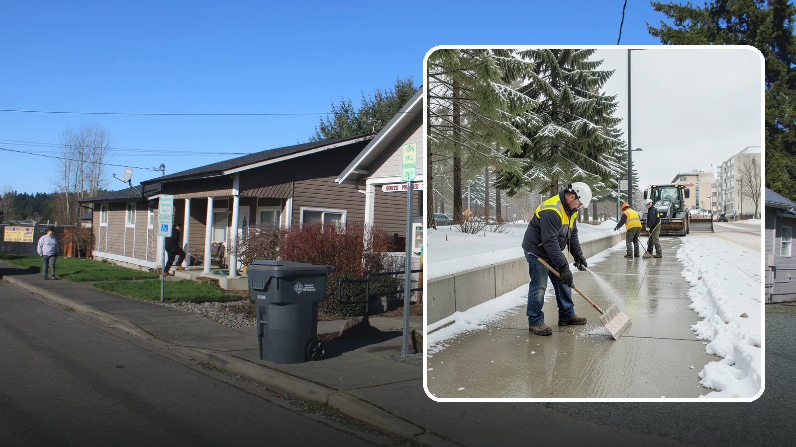 Sidewalk Sanding in South Prairie, Pierce County, WA - We sand sidewalks for instant traction when temperatures drop too low for deicers to work.