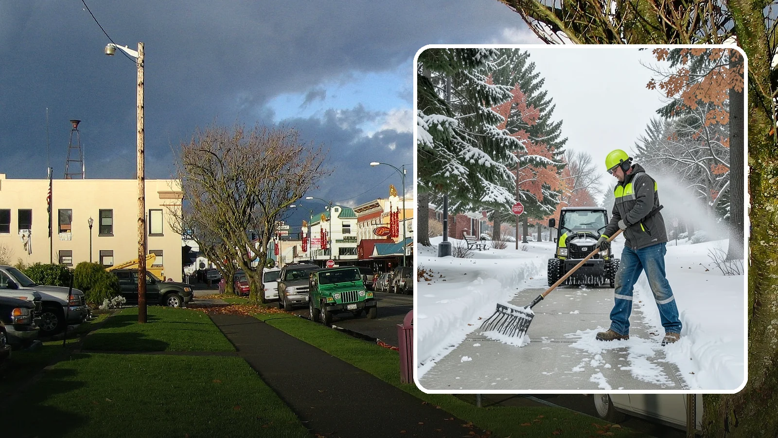Sidewalk Shoveling in Arlington, Snohomish County, WA - We hand-shovel sidewalks clean and clear so pedestrians have safe, full-width passage.